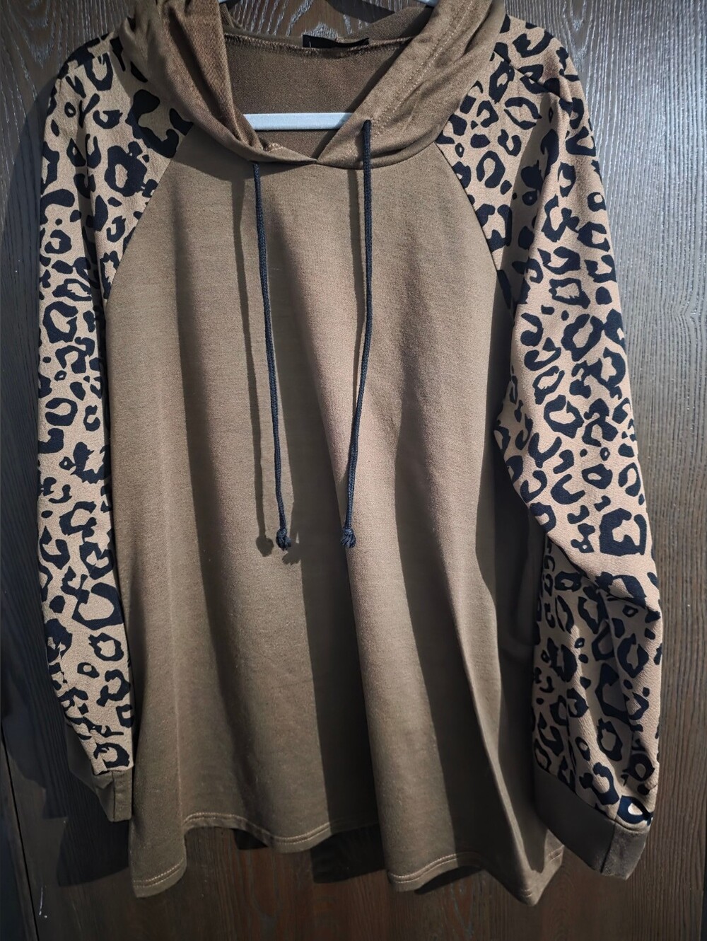 Leopard Sleeve Hooded Pullover - Brown
